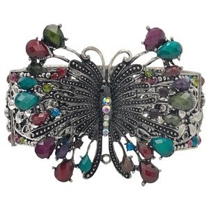 Multicolor Butterfly Rhinestone Chunky Statement Silver Stretch Bracelet